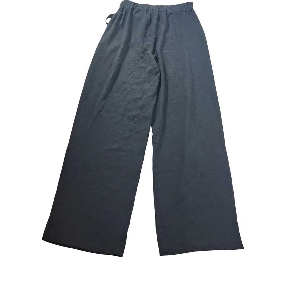 HM Linen Blend Wide Leg Trousers Navy Blue High Rise Pants Womens Size 8